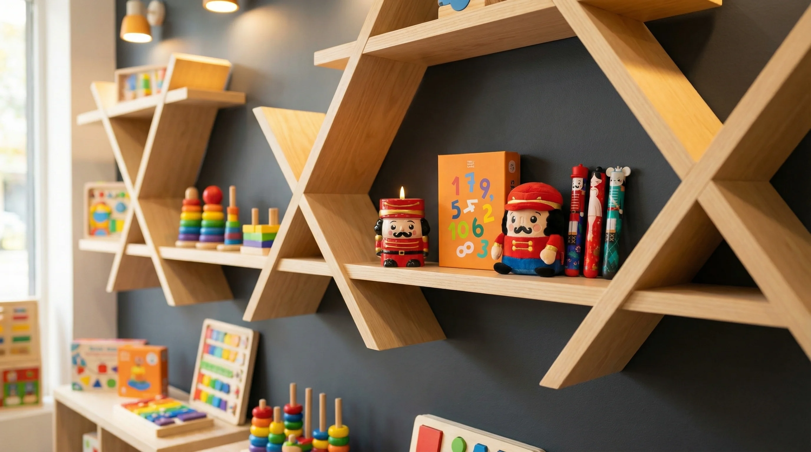 Curated educational toys and school supplies on vintage wooden shelves